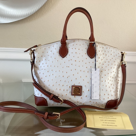 Dooney & Bourke Bone/White Ostrich Leather Dome Satchel Bag Purse Crossbody - Picture 2 of 16